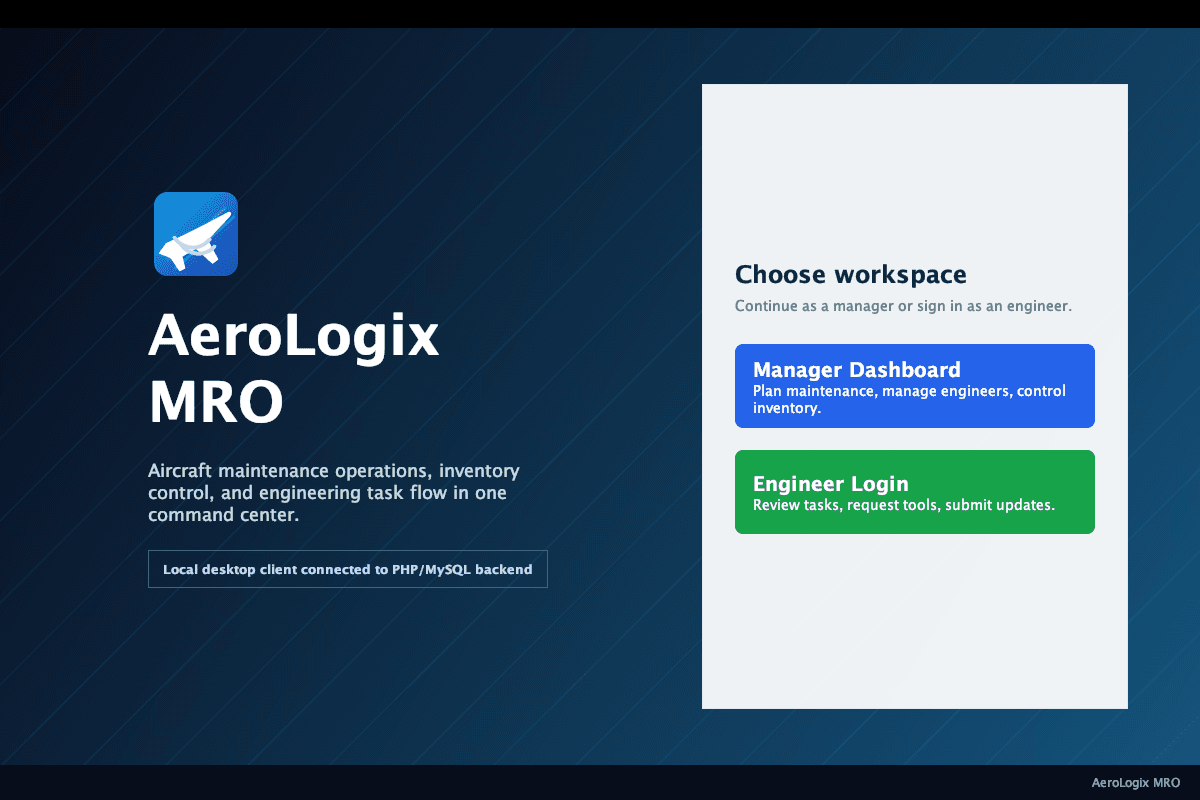 Aerologix MRO - Aircraft Maintenance System - Workspace Selection